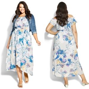 NEW CITY CHIC Blue FLORAL Plus Size OFF THE SHOULDER Kiku TULIP Maxi DRESS L 20